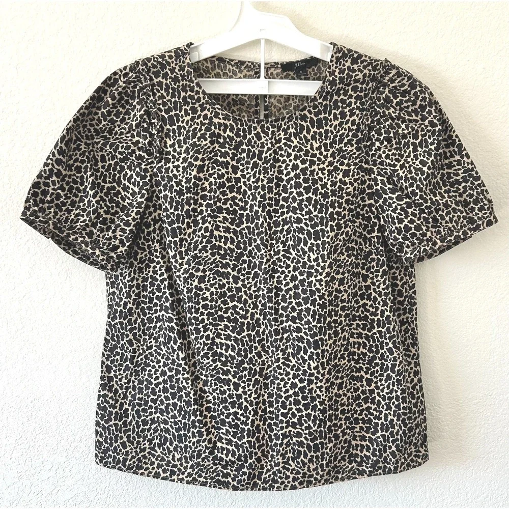 J.‎ Crew Preppy Leopard Print Cotton Puff Sleeve Ruffle Top Brown Tan Small